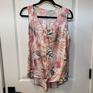 Womens Above and Beyond Pink and White Sleeveless Buttoned Tank Top Sz Lg